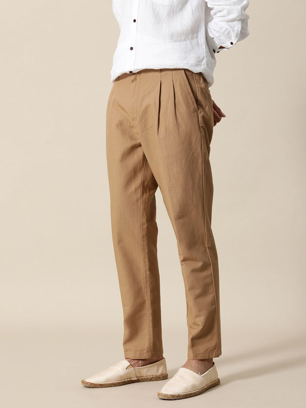 Mr Bowerbird Men Camel Brown Liberal Fit Pleated Trousers