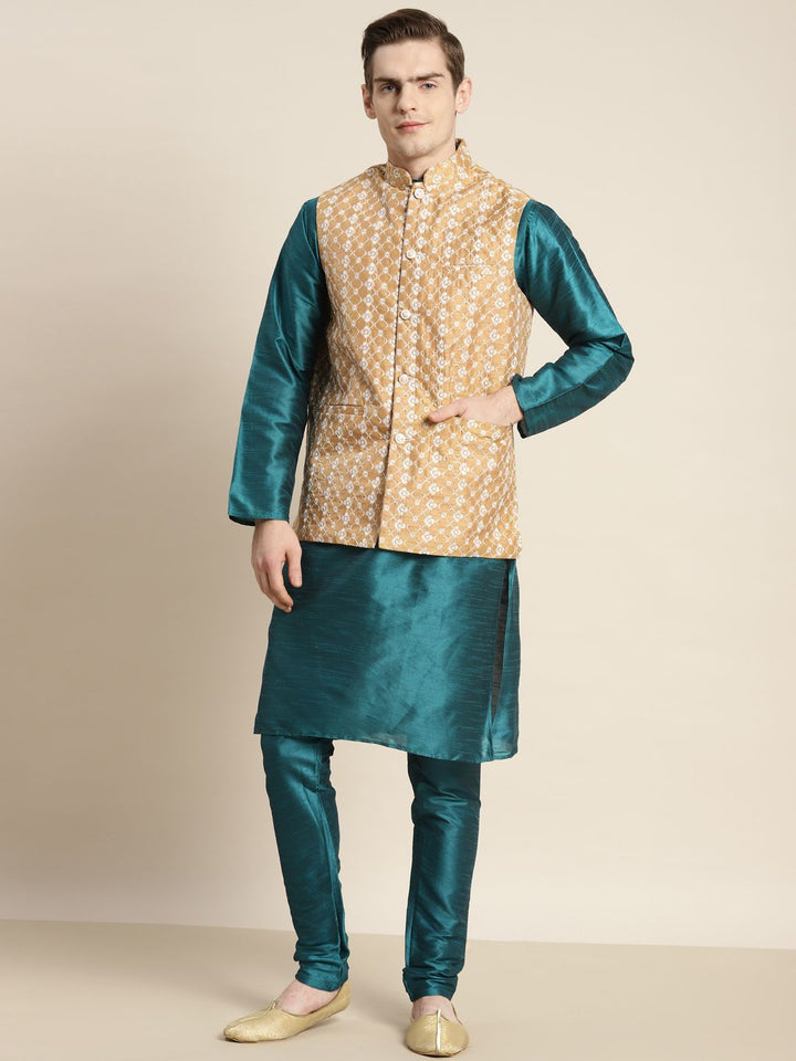 SOJANYA Lelaki Teal Motif Etnik Sulam Benang Kerja Kurta dengan Churidar