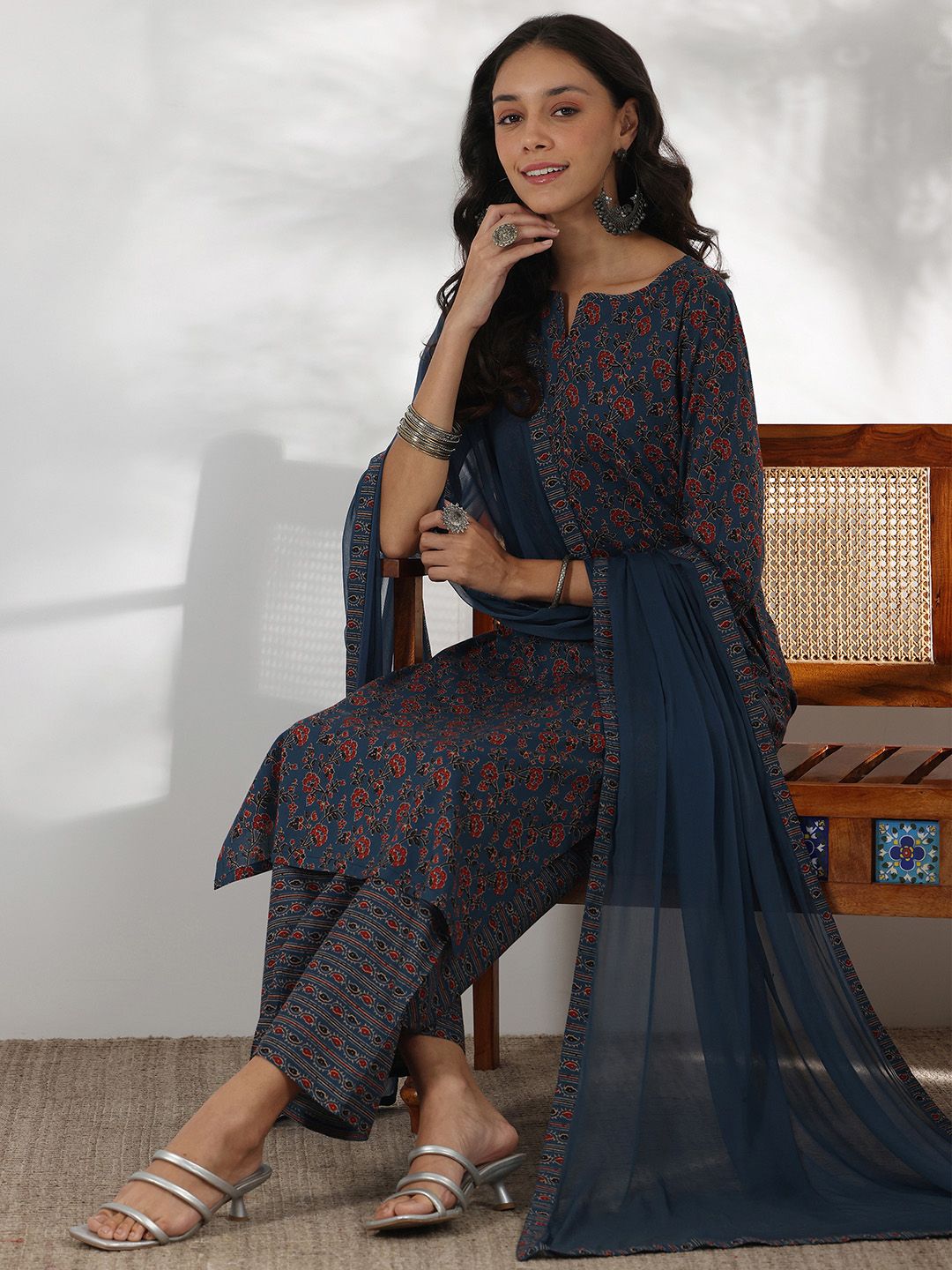 Libas Floral Printed Notch Neck Pure Cotton Straight Kurta with Palazzos & Dupatta