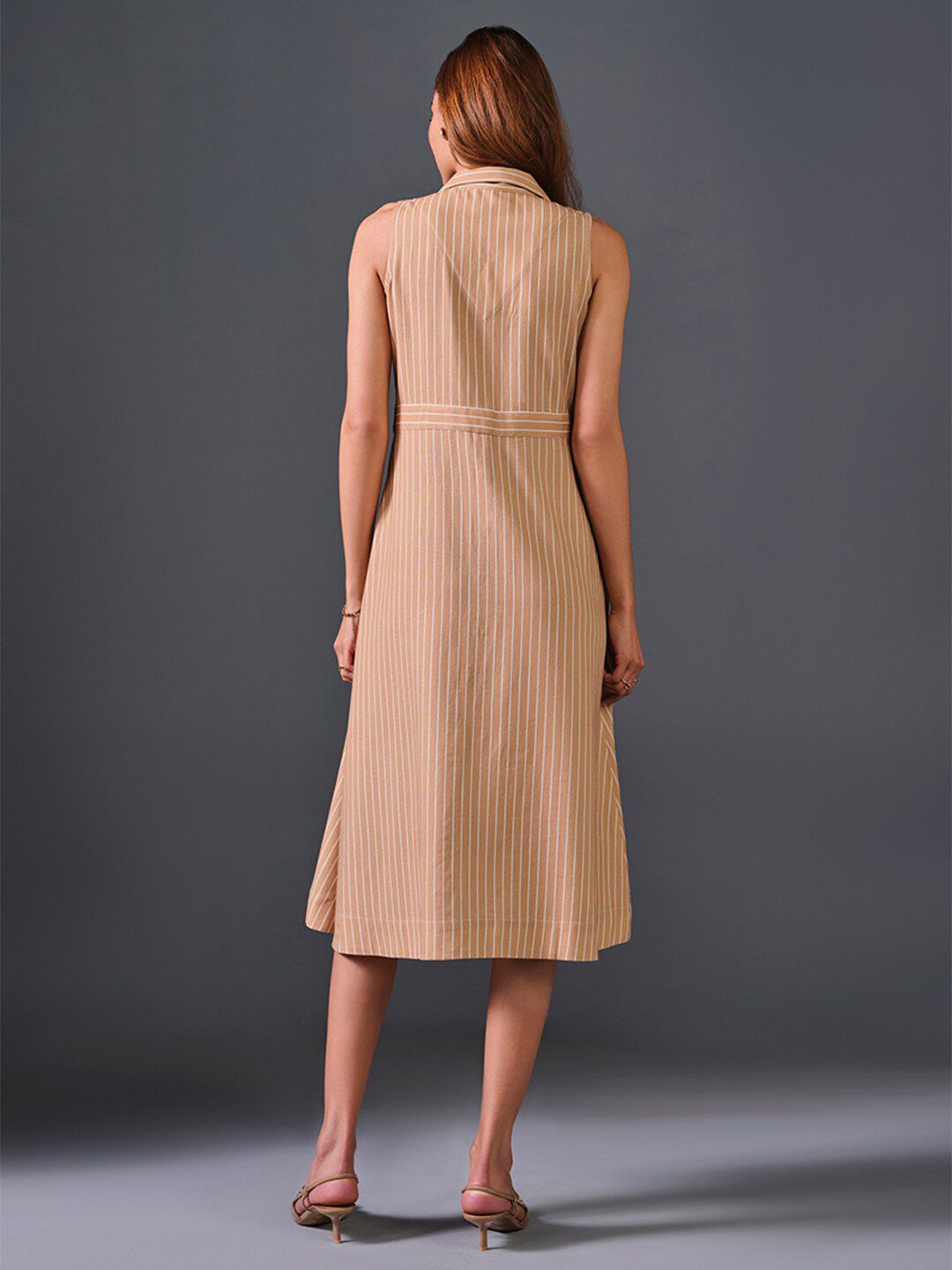 AND Lapel Collar Sleeveless Striped A-Line Midi Dress