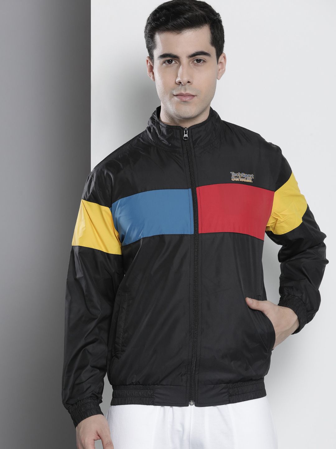 The Indian Garage Co Men Black & Yellow Colourblocked Windcheater Outdoor Sporty Jacket