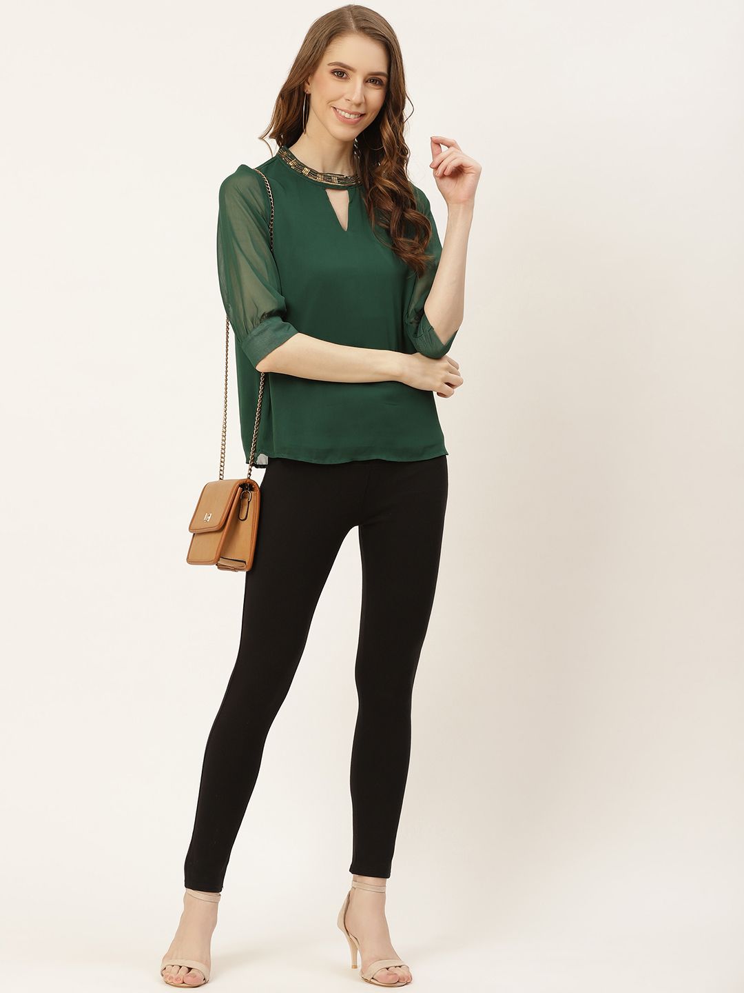 all about you Green Jewel Neck Puff Sleeve Regular Top