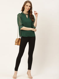 all about you Green Jewel Neck Puff Sleeve Regular Top