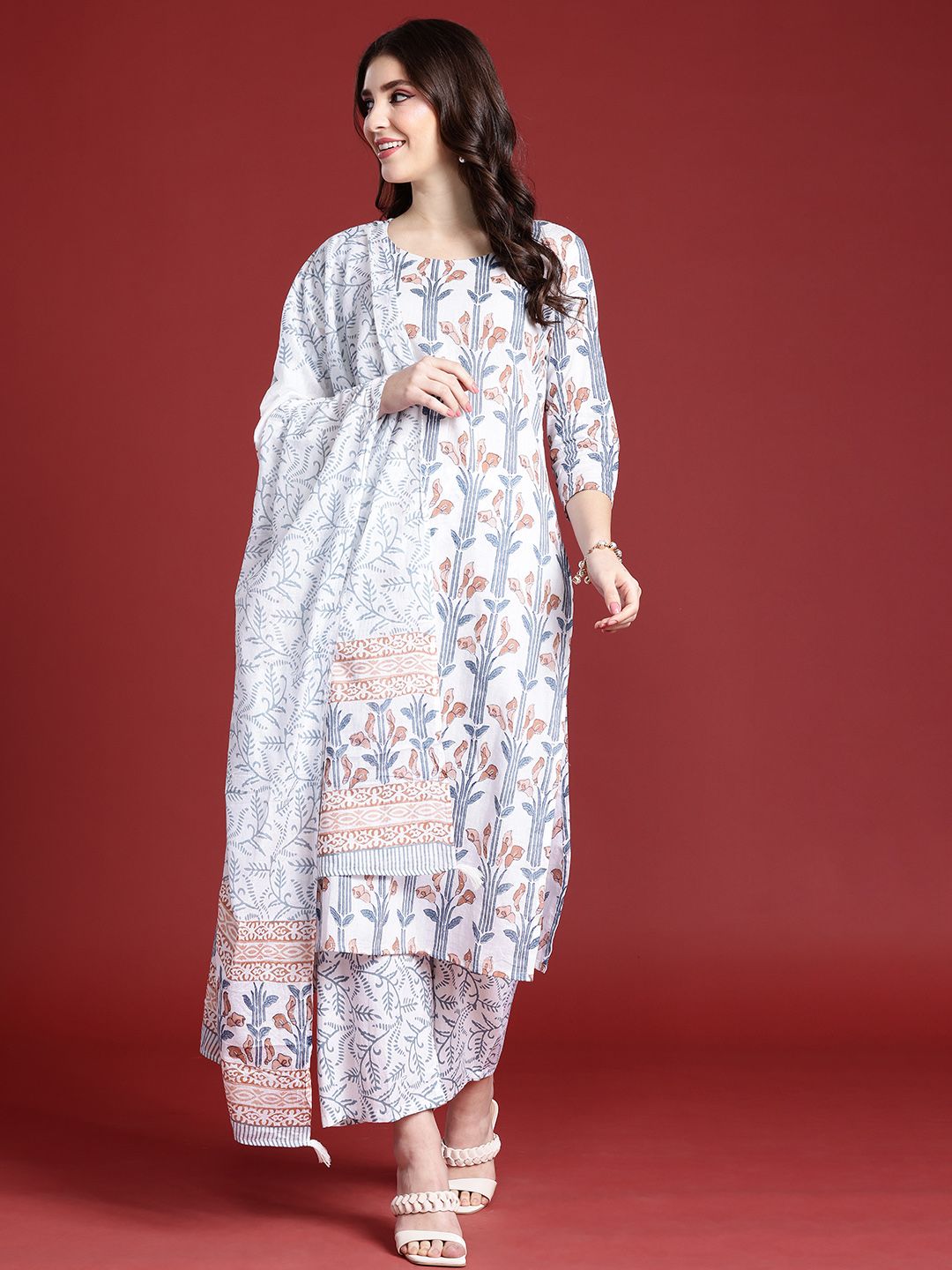 Anouk Women Floral Printed Regular Pure Cotton Kurta with Trousers & With Dupatta