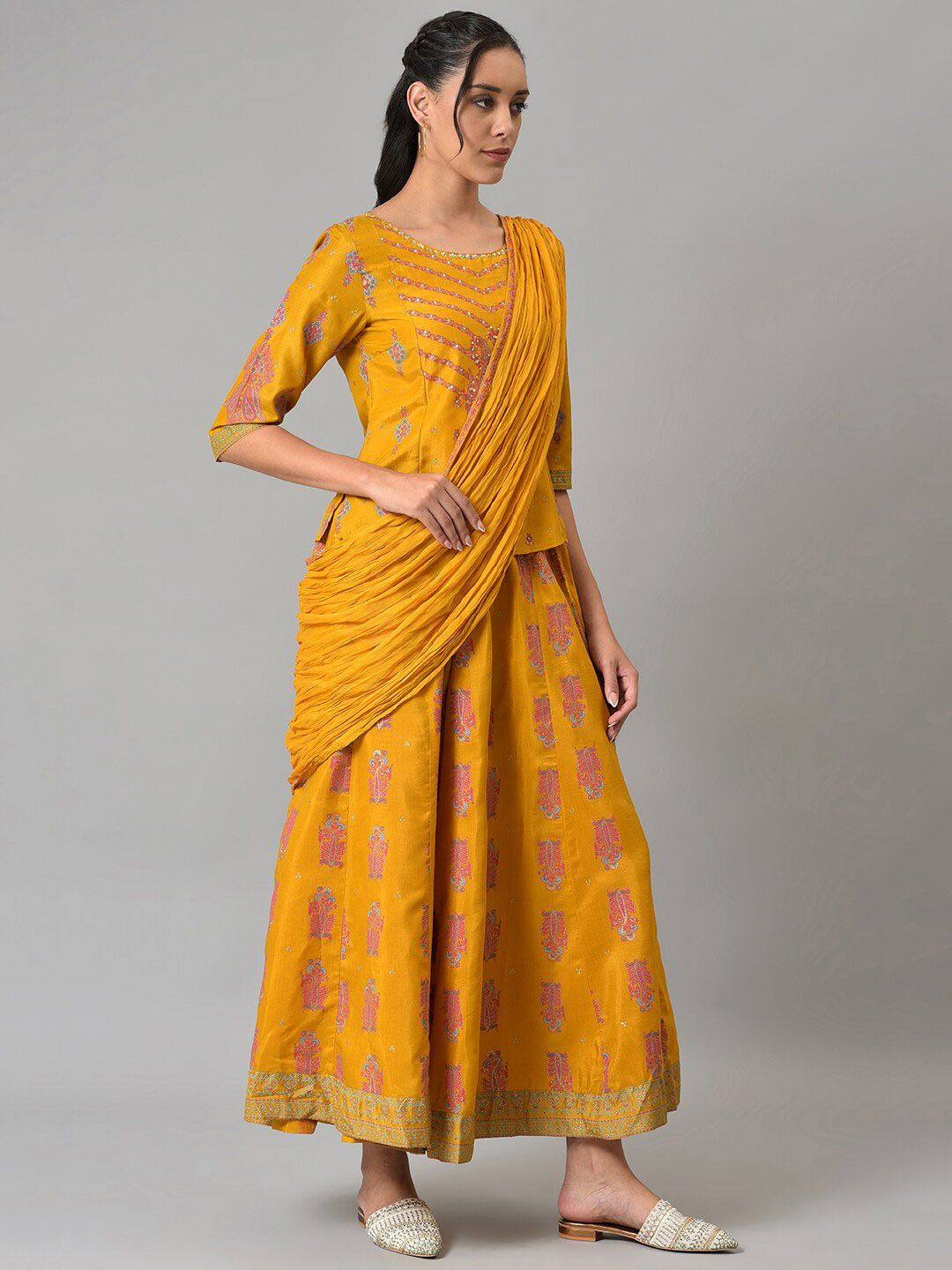 W Festive Printed Shantung Top & Culotte With Attached Drape Co-ords