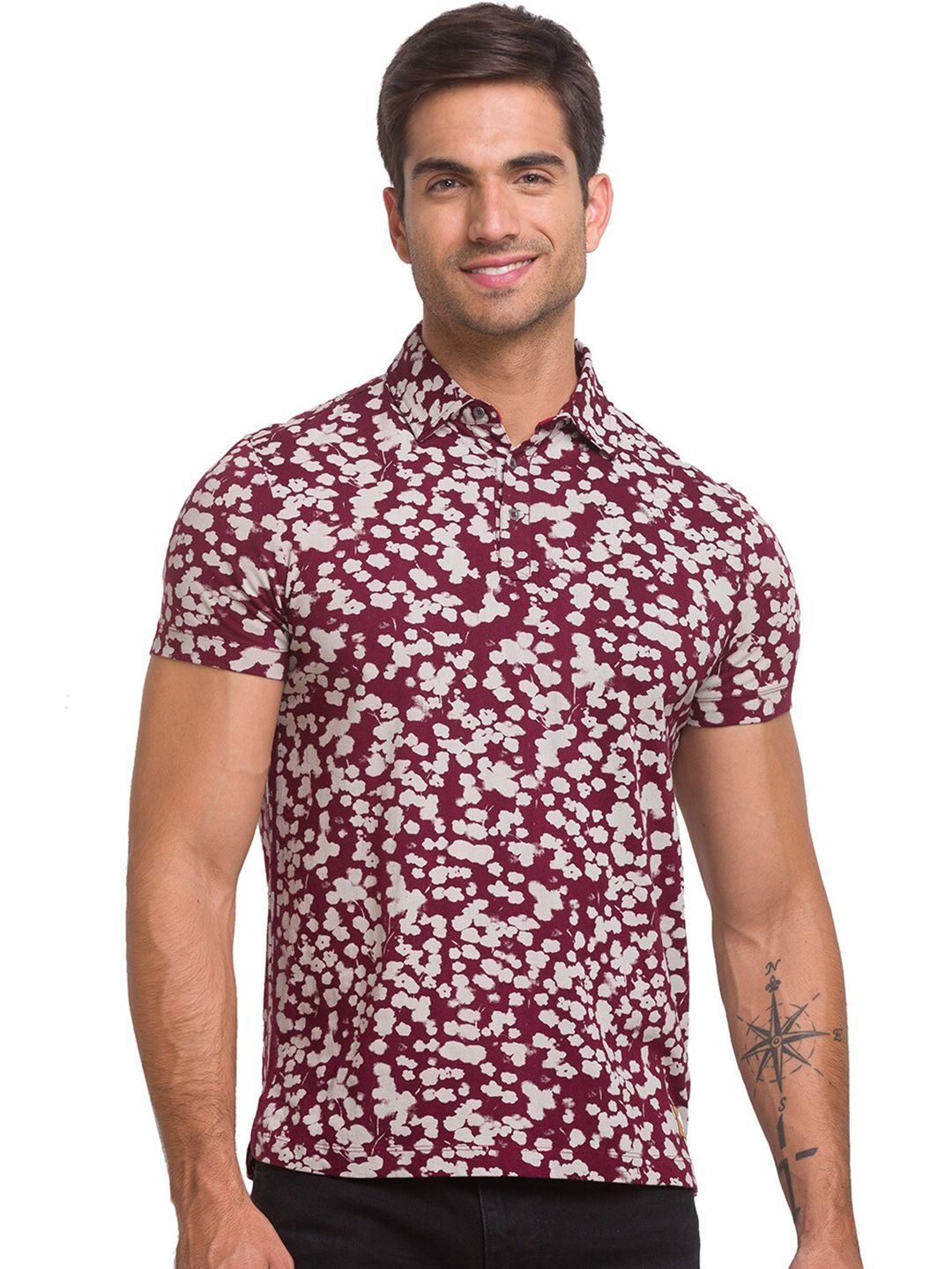 Being Human Men Maroon & White Floral Printed Polo Collar T-shirt