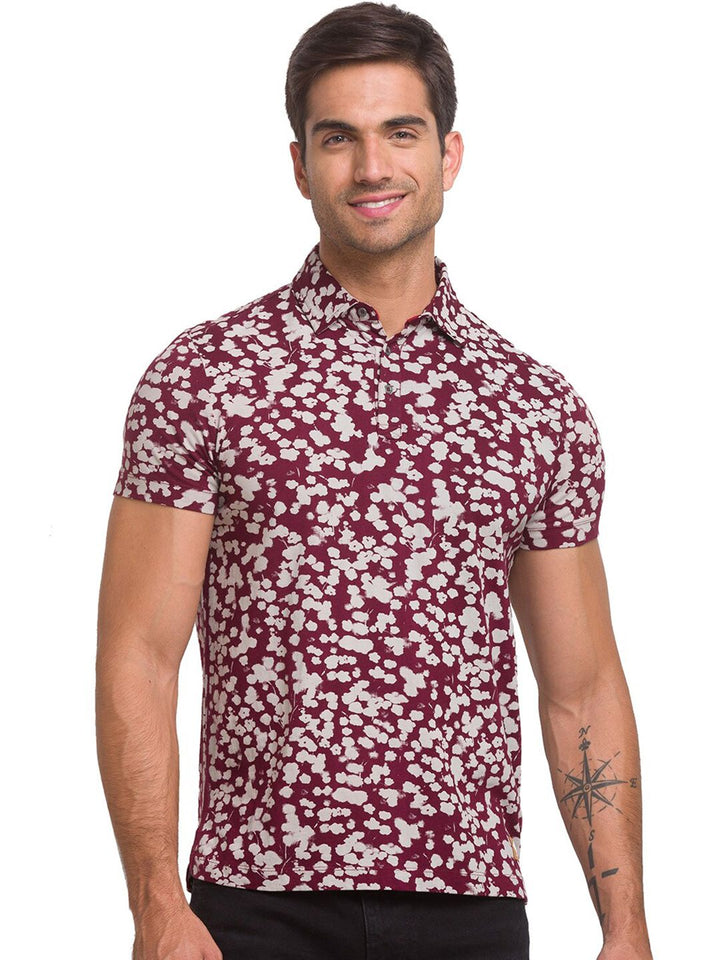 Being Human Men Maroon & White Floral Printed Polo Collar T-shirt
