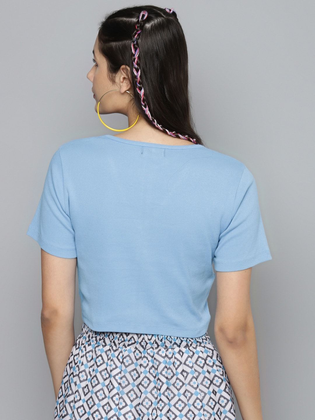 Sassafras Blue Ribbed V-Neck Ruched Fitted Crop Top