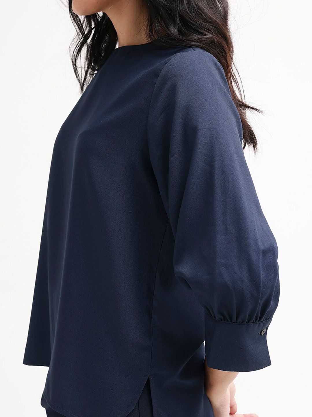 RAREISM Round Neck Cuffed Sleeves Styled Back Top