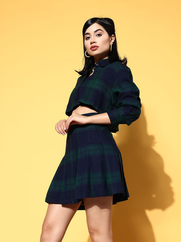 SASSAFRAS Women Navy Blue Checked Shirt with Skirt