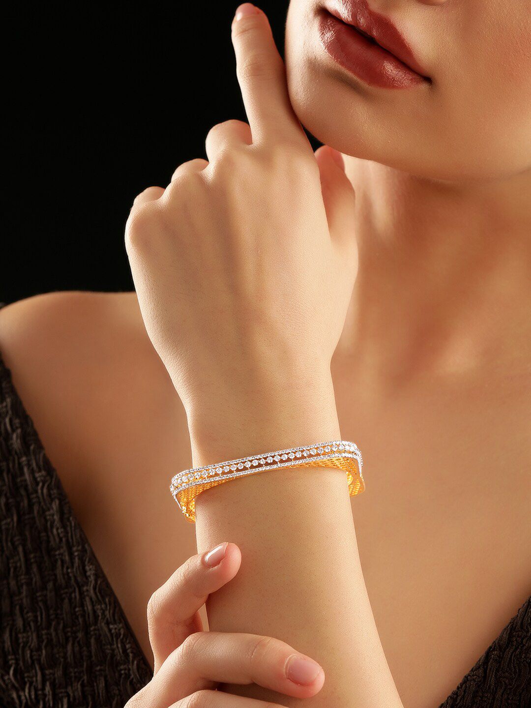 Rubans Brass Cubic Zirconia Gold-Plated Bangle-Style Bracelet