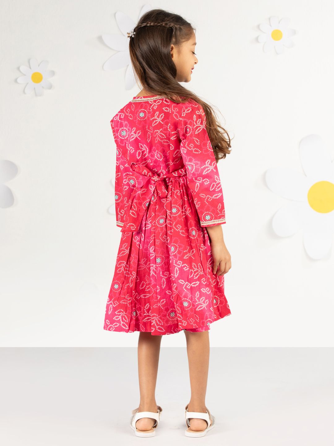 VASTRAMAY Girls Bandhani Printed Gotta Patti Cotton Fit & Flare Dress