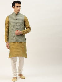 SOJANYA Lelaki Mustard Brown & Teal Green Jacquard Etnik Motif Kurta Lurus dengan Churidar