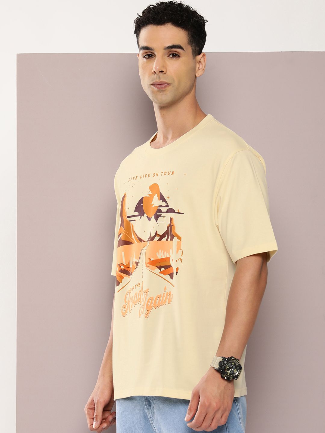 DILLINGER Men Graphic Printed Oversized Drop-Shoulder Sleeves Pure Cotton T-shirt