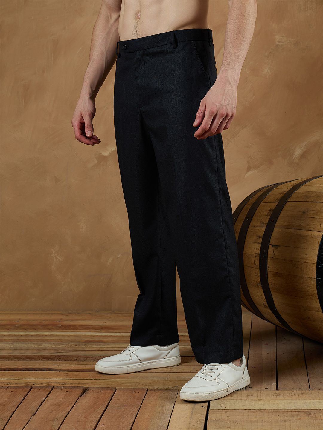 DENNISON Men Checked Smart Loose Fit Mid Rise Flat-Front Korean Pants Trousers