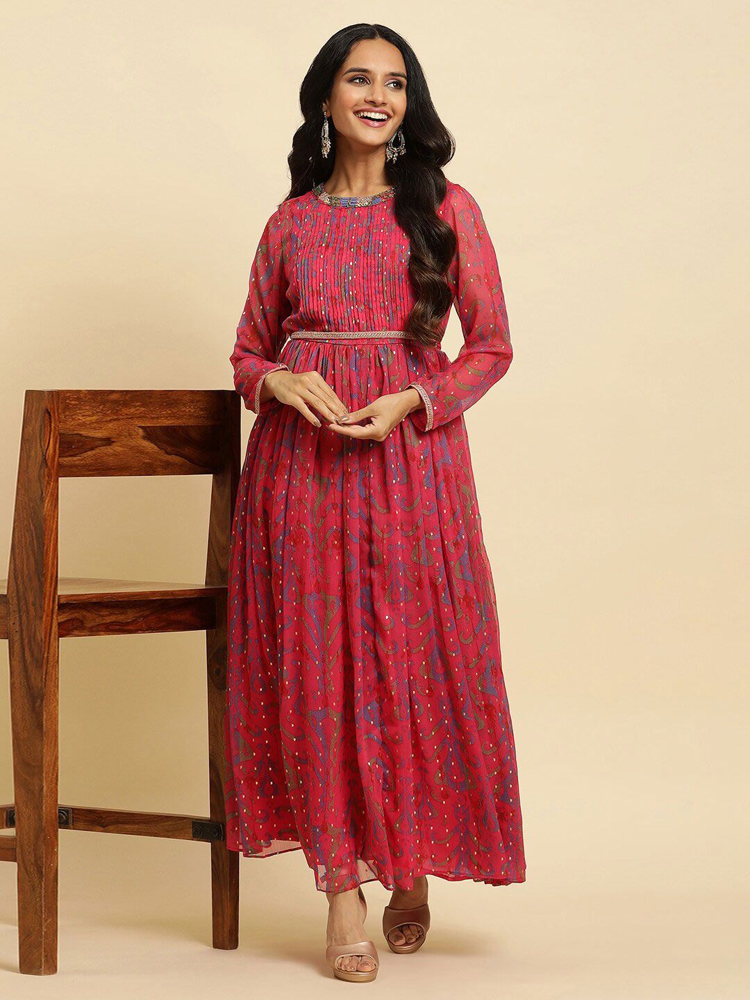 W Pink Self Design Embellished Maxi Ethnic Dress