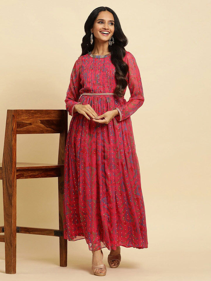 W Pink Self Design Embellished Maxi Ethnic Dress