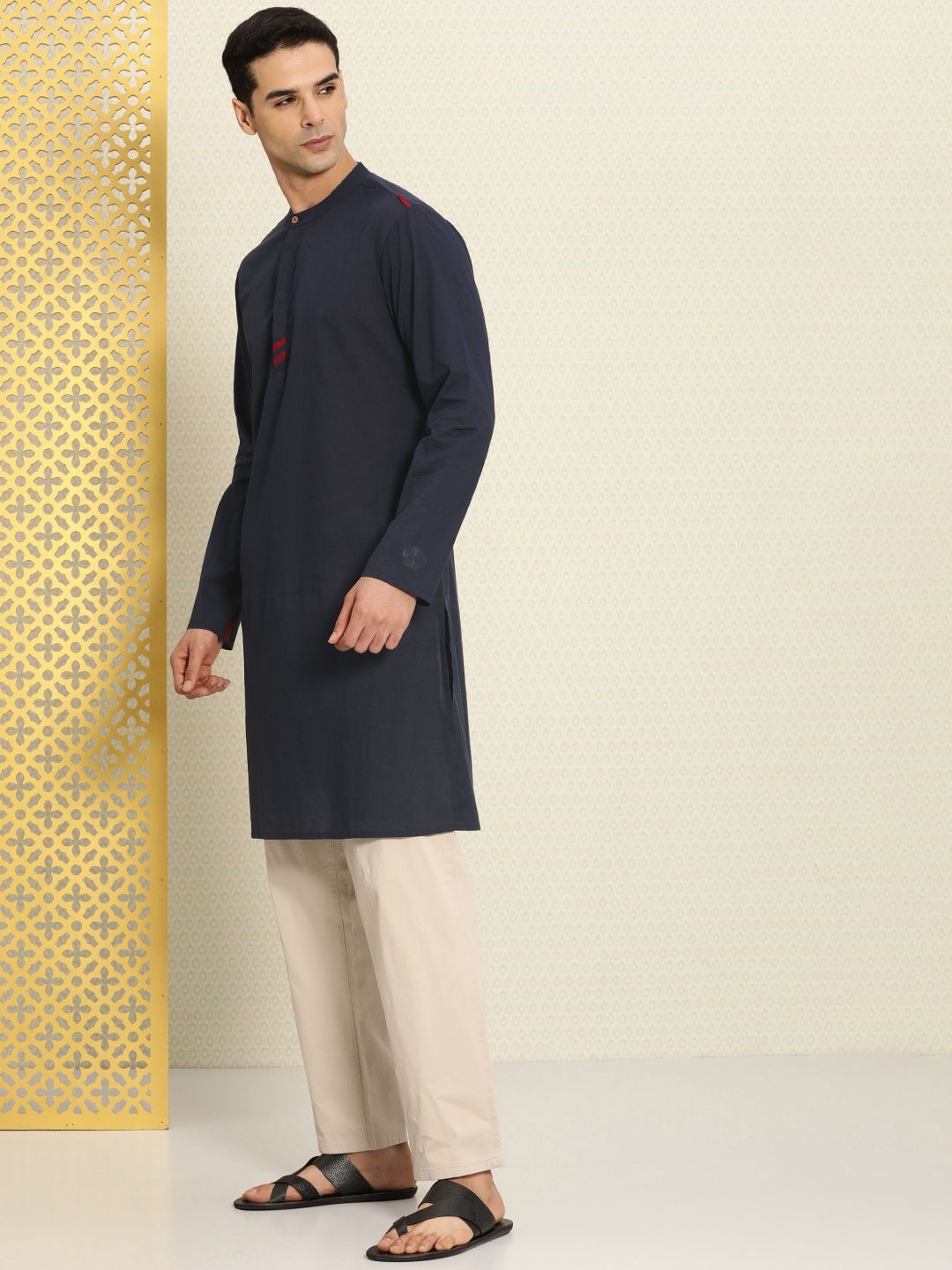 House of Pataudi Pure Cotton Band Collar Regular Rozana Kurta