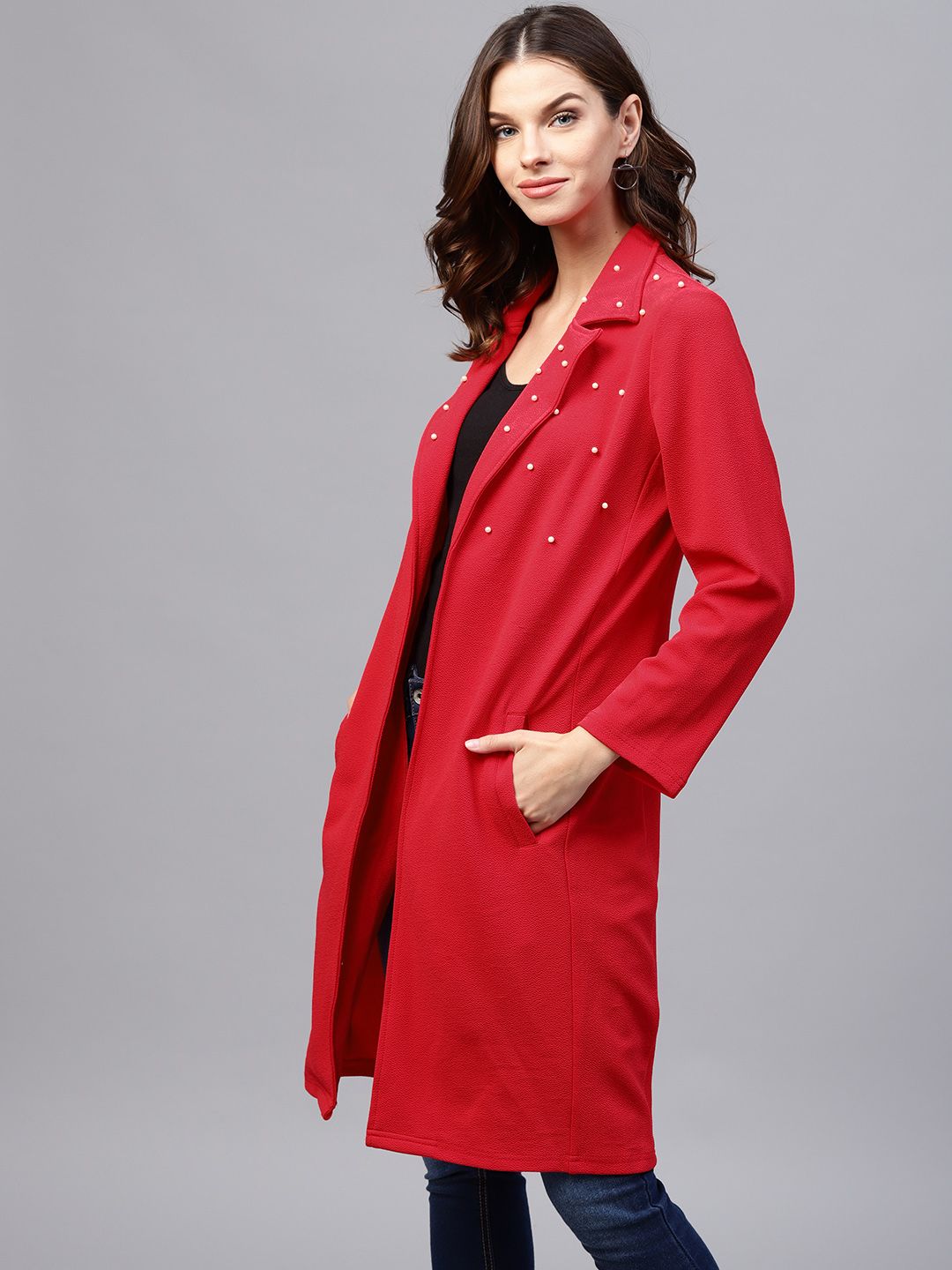 Athena Red Solid Longline Open Front Shrug