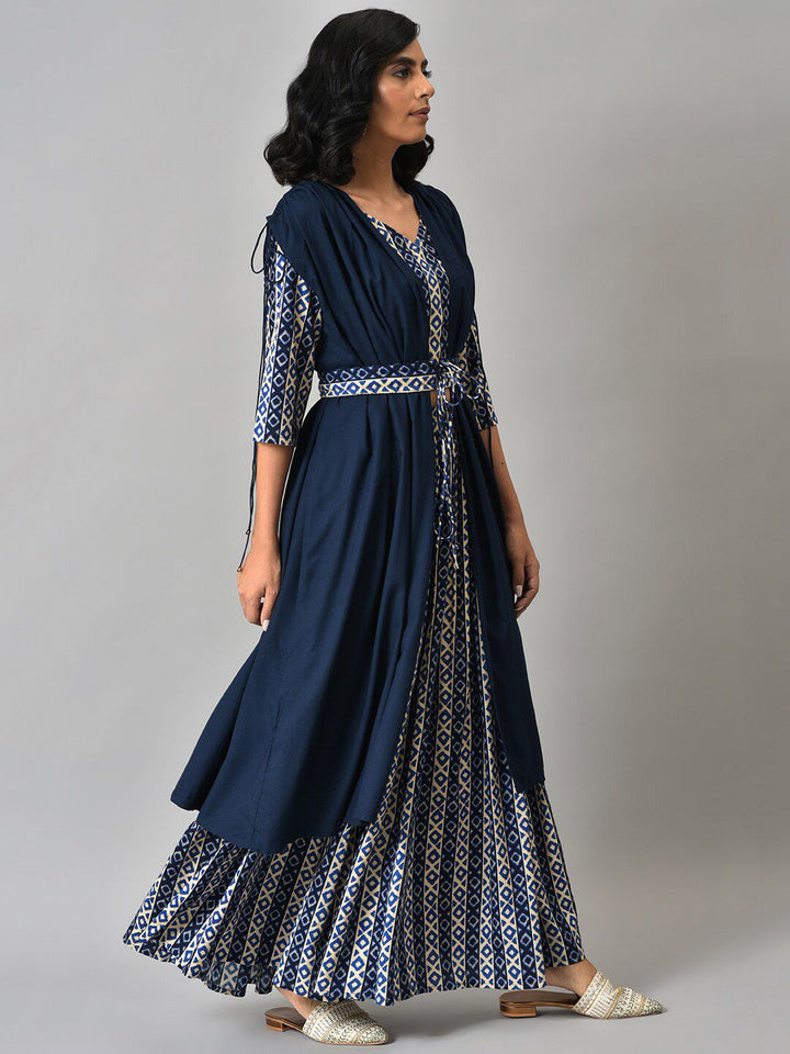 W Women Blue Solid Gathered Cape with Ikkat Printed Crop Top and Skirt Co-ord Set