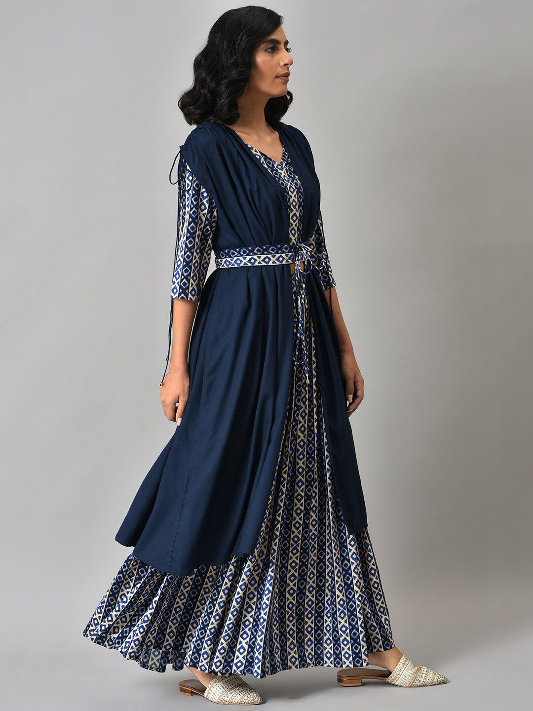 W Women Blue Solid Gathered Cape with Ikkat Printed Crop Top and Skirt Co-ord Set
