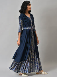 W Women Blue Solid Gathered Cape with Ikkat Printed Crop Top and Skirt Co-ord Set
