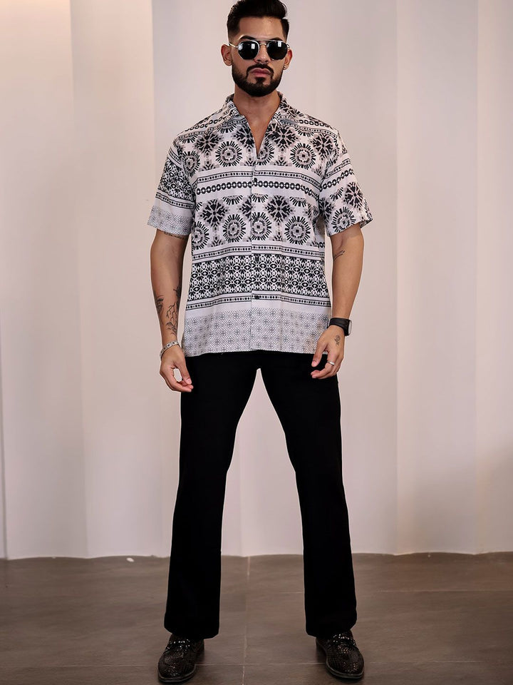 Eszett Men Floral Printed Cuban Collar Linen Casual Shirt