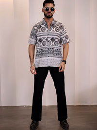 Eszett Men Floral Printed Cuban Collar Linen Casual Shirt