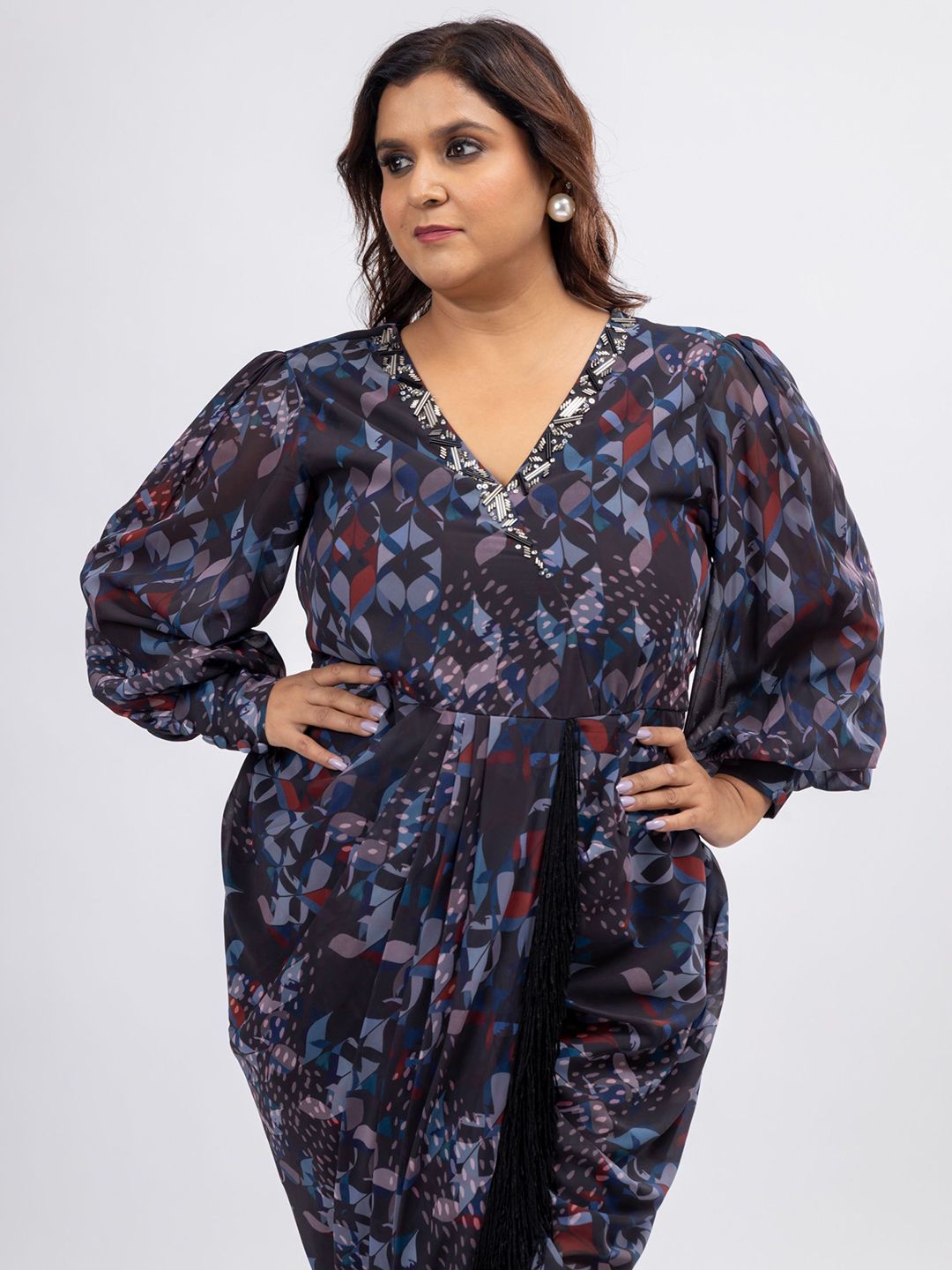 Mamicha Wanita Bercetak V-Neck Puff Lengan Gaun Maxi