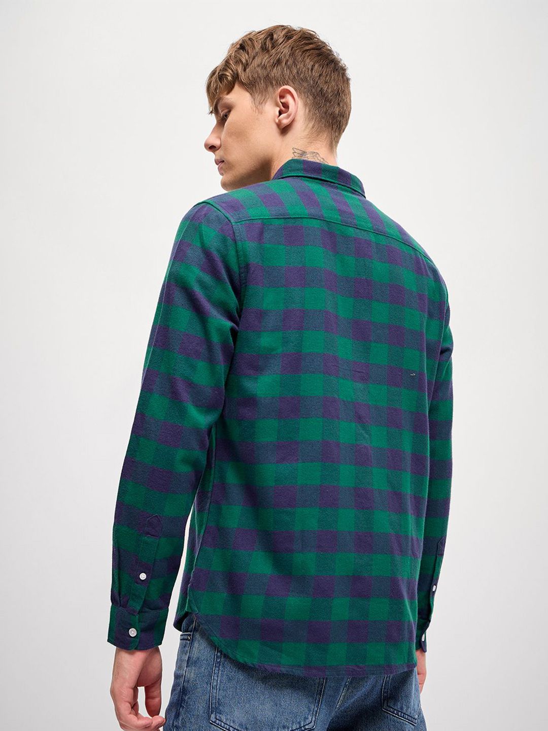 THE BEAR HOUSE Men Button-Down Collar Checked Cotton Slim Fit Casual Shirt