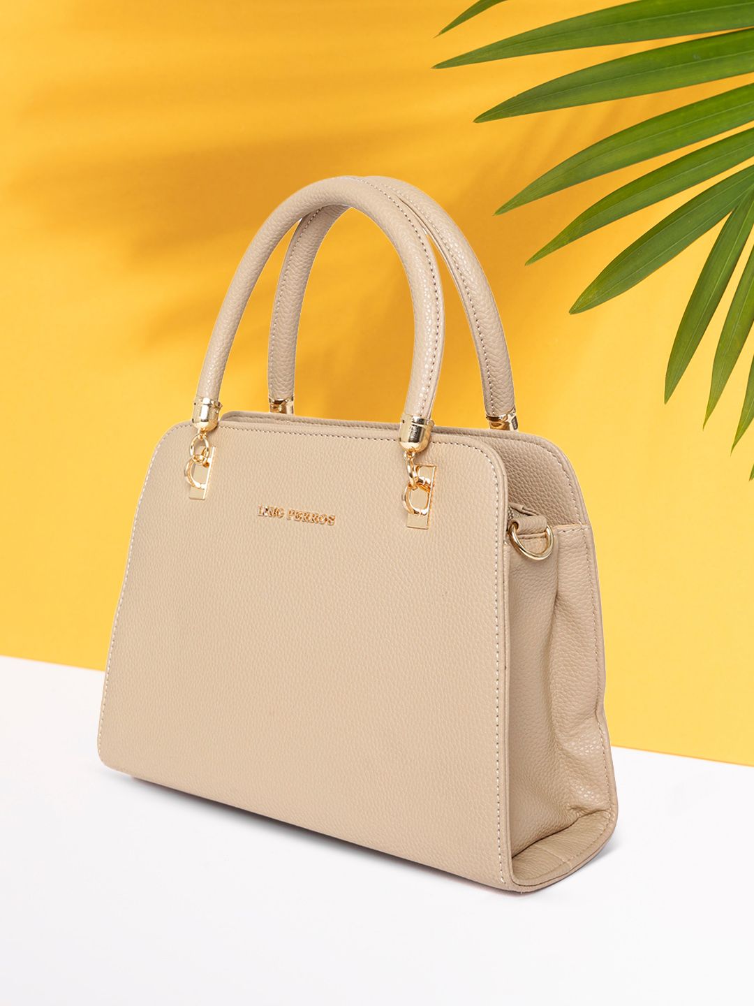 Lino Perros Beige Solid Handheld Bag with Sling Strap