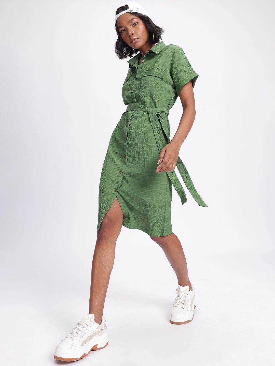 DressBerry Pastel Dreams Textured Belted Shirt Style Dress