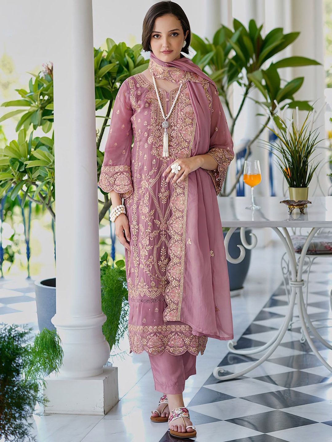 Indo Era Ethnic Motifs Embroidered V Neck Straight Kurta With Trousers & Dupatta