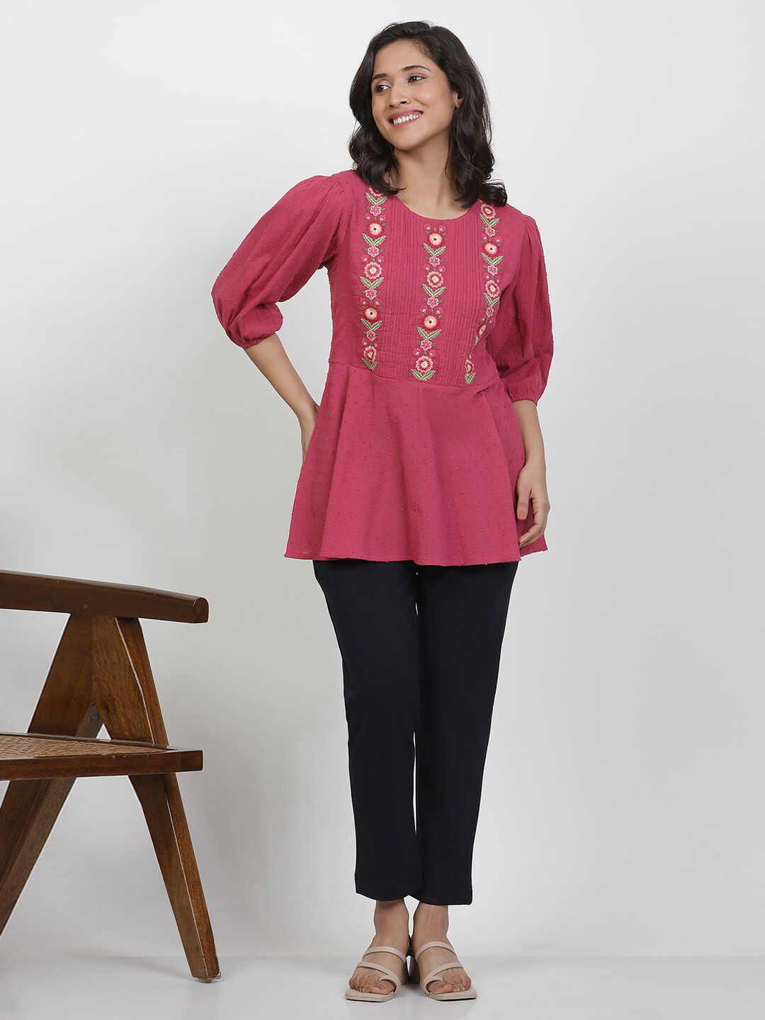 W Floral Embroidered Puffed Sleeves Pure Cotton Longline A-Line Top
