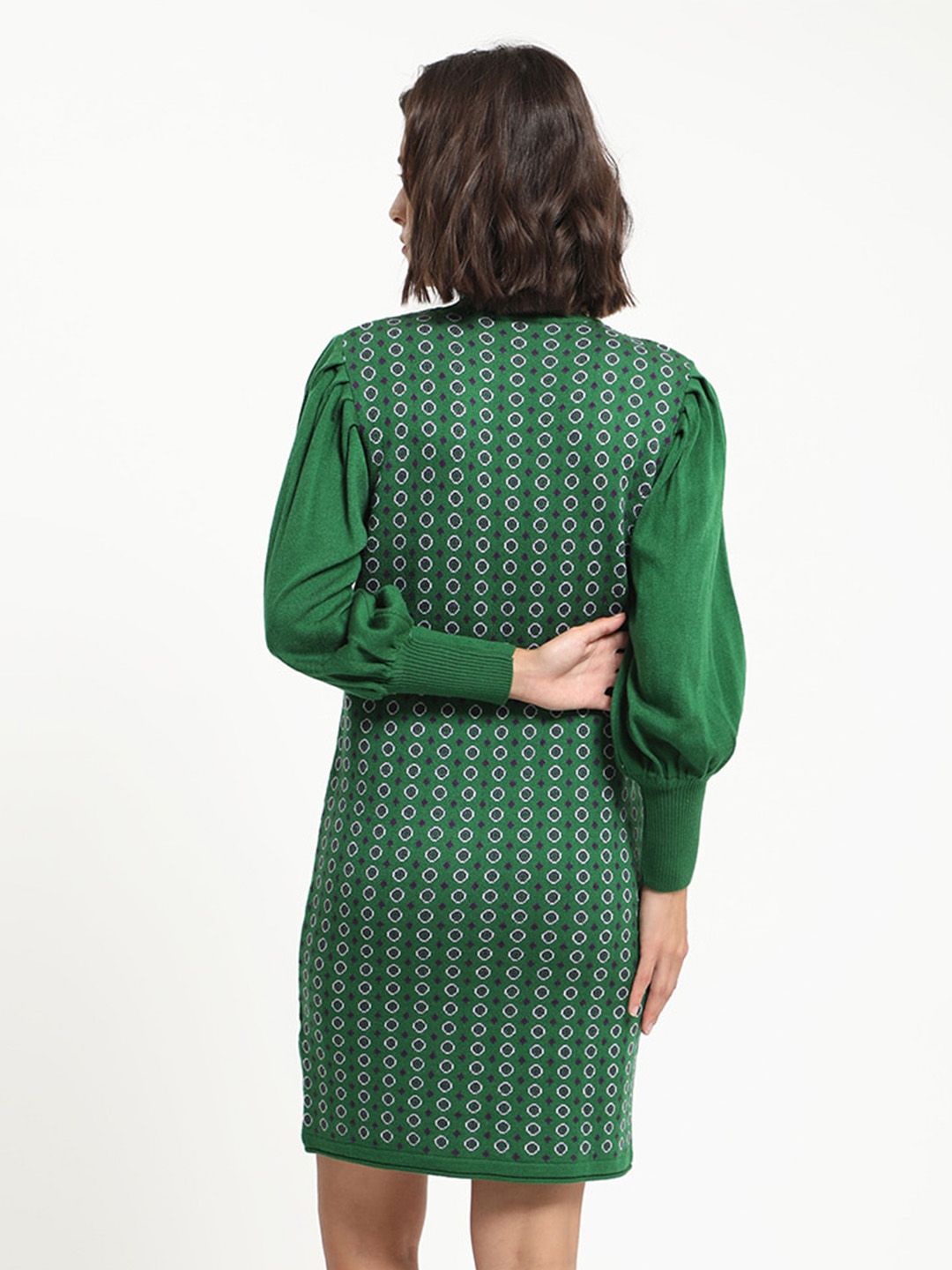 RAREISM Geometric Self Design Acrylic High Neck Sheath Winter Dresses