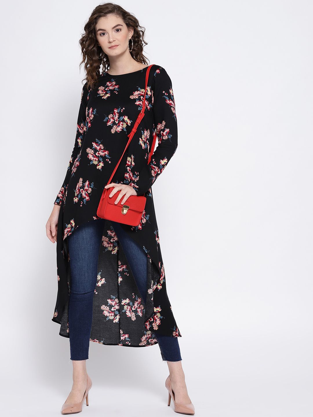 Berrylush Black Floral High-Low Trapeze Top