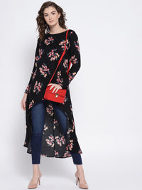 Berrylush Black Floral High-Low Trapeze Top