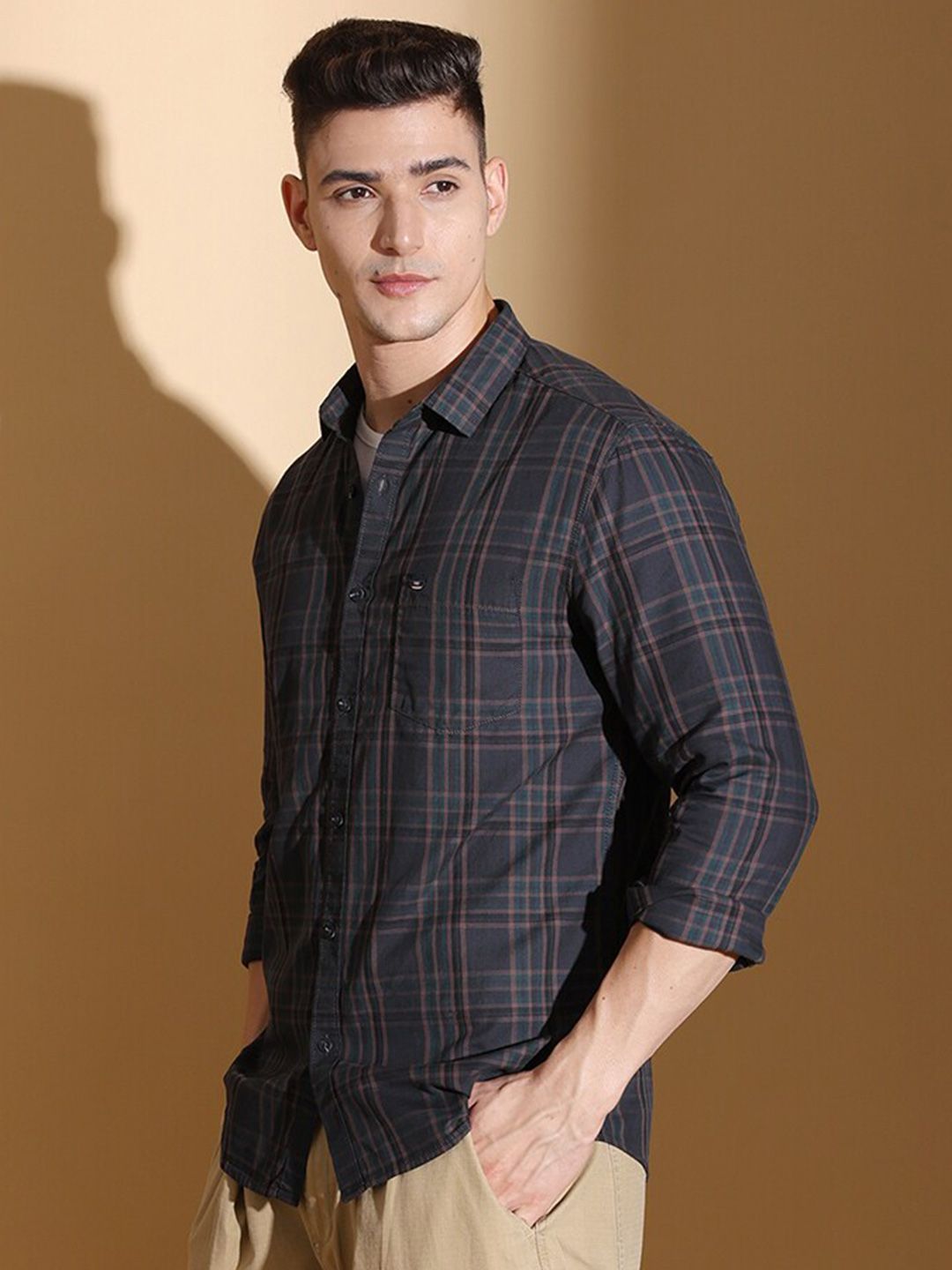 The Indian Garage Co Slim Fit Tartan Checked Twill Pure Cotton Casual Shirt