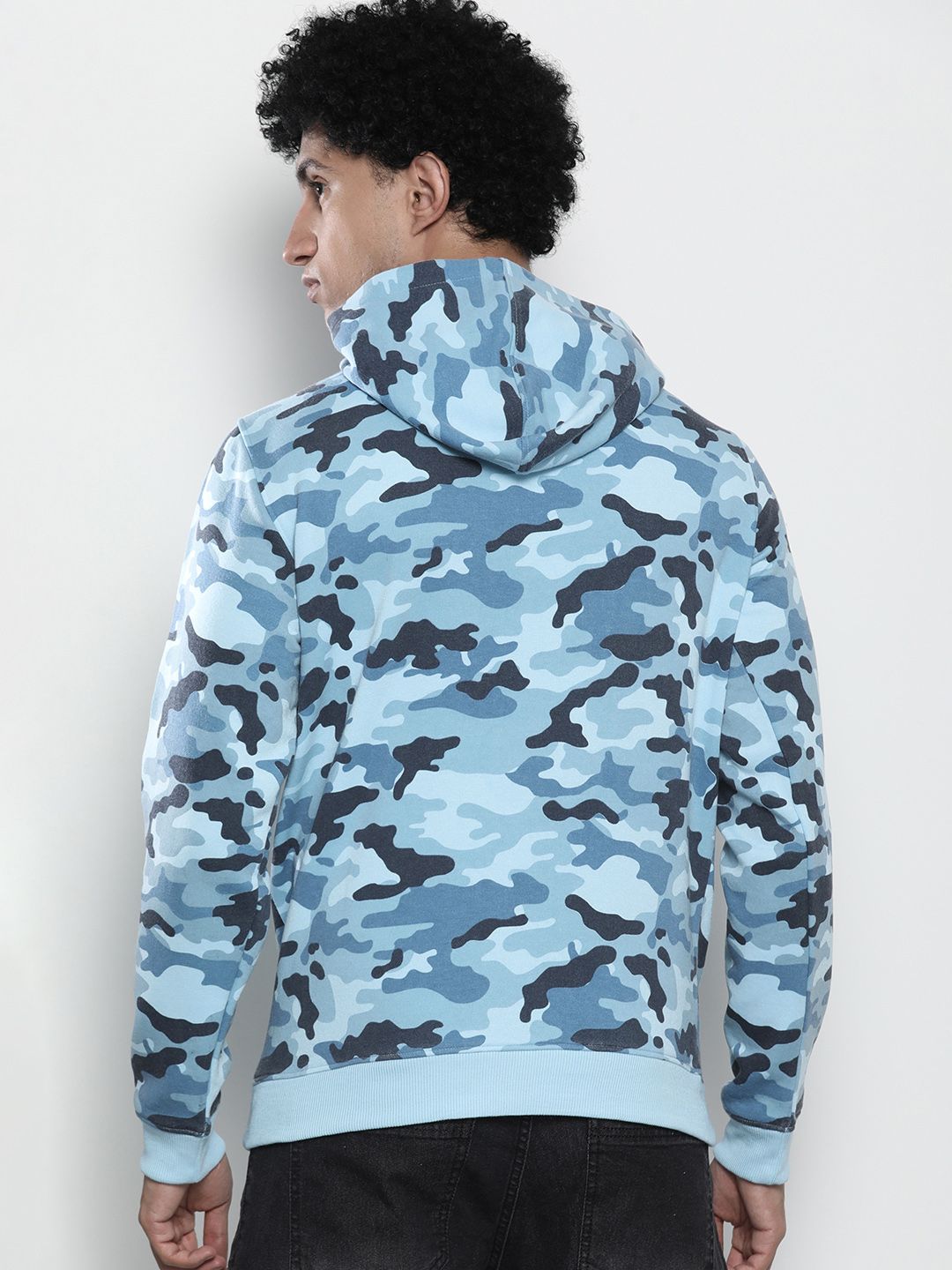 The Indian Garage Co Men Blue & Black Printed Hooded Sweatshirt