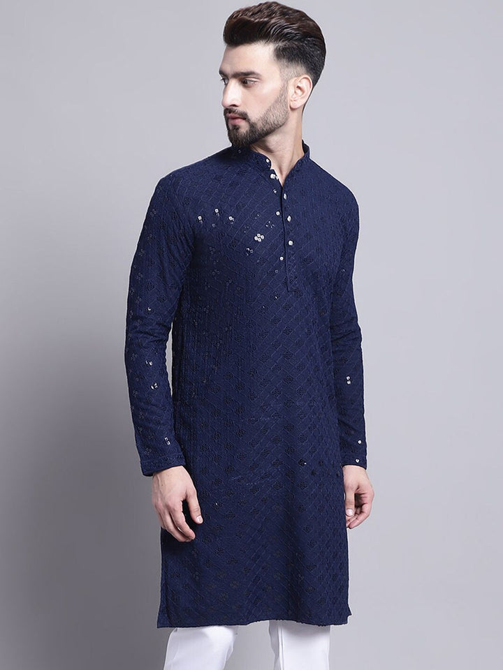 SOJANYA Geometric Embroidered Sequence Mandarin Collar Pure Cotton Kurta