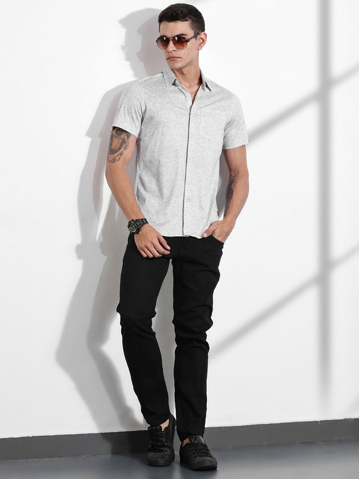 Thomas Scott Men Classic Slim Fit Spread Collar Abstract Printed Cotton Knitted Shirt