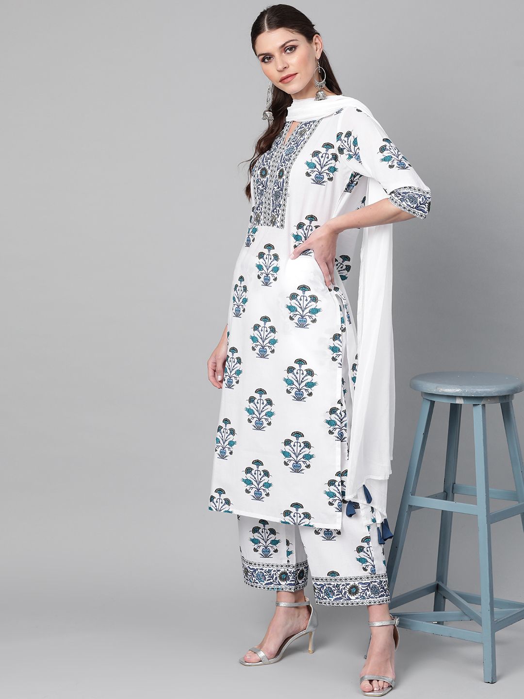 Libas Women White & Navy Blue Floral Printed Kurta with Palazzos & Dupatta