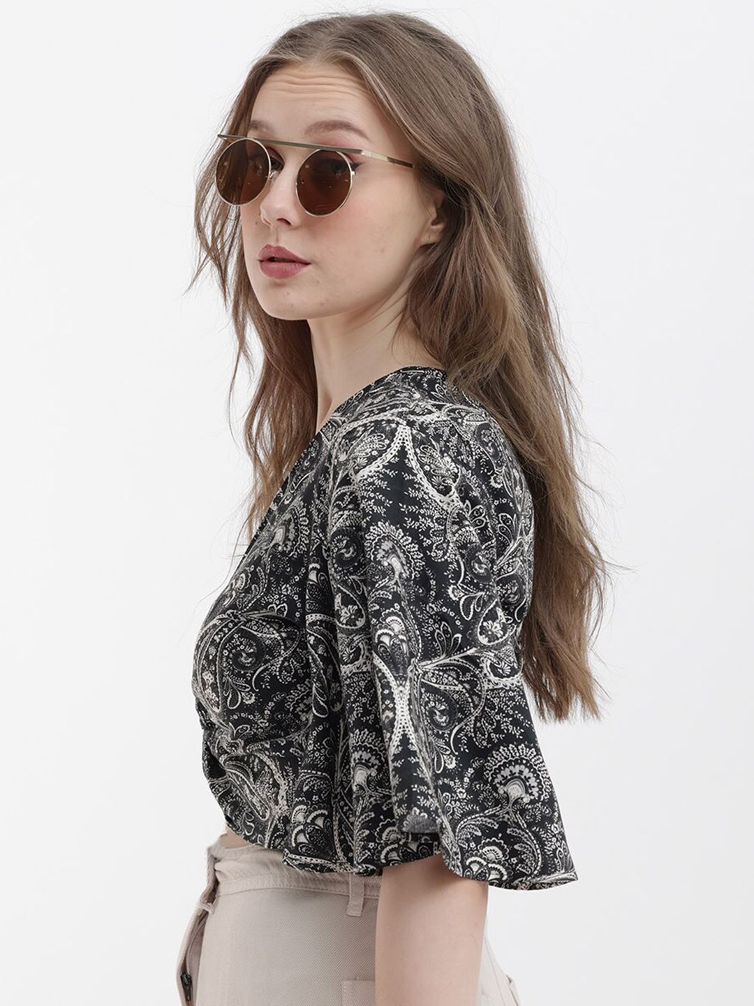 RAREISM Ethnic Motifs V-Neck Cotton Twisted Crop Top