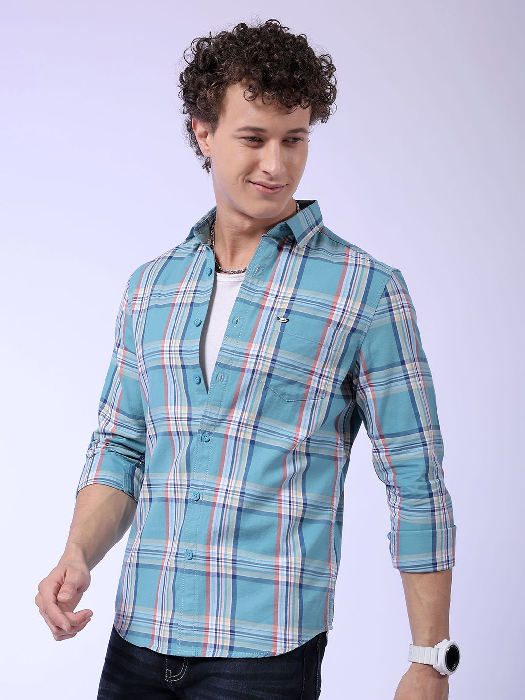 The Indian Garage Co Slim Fit Tartan Checked Pure Cotton Casual Shirt