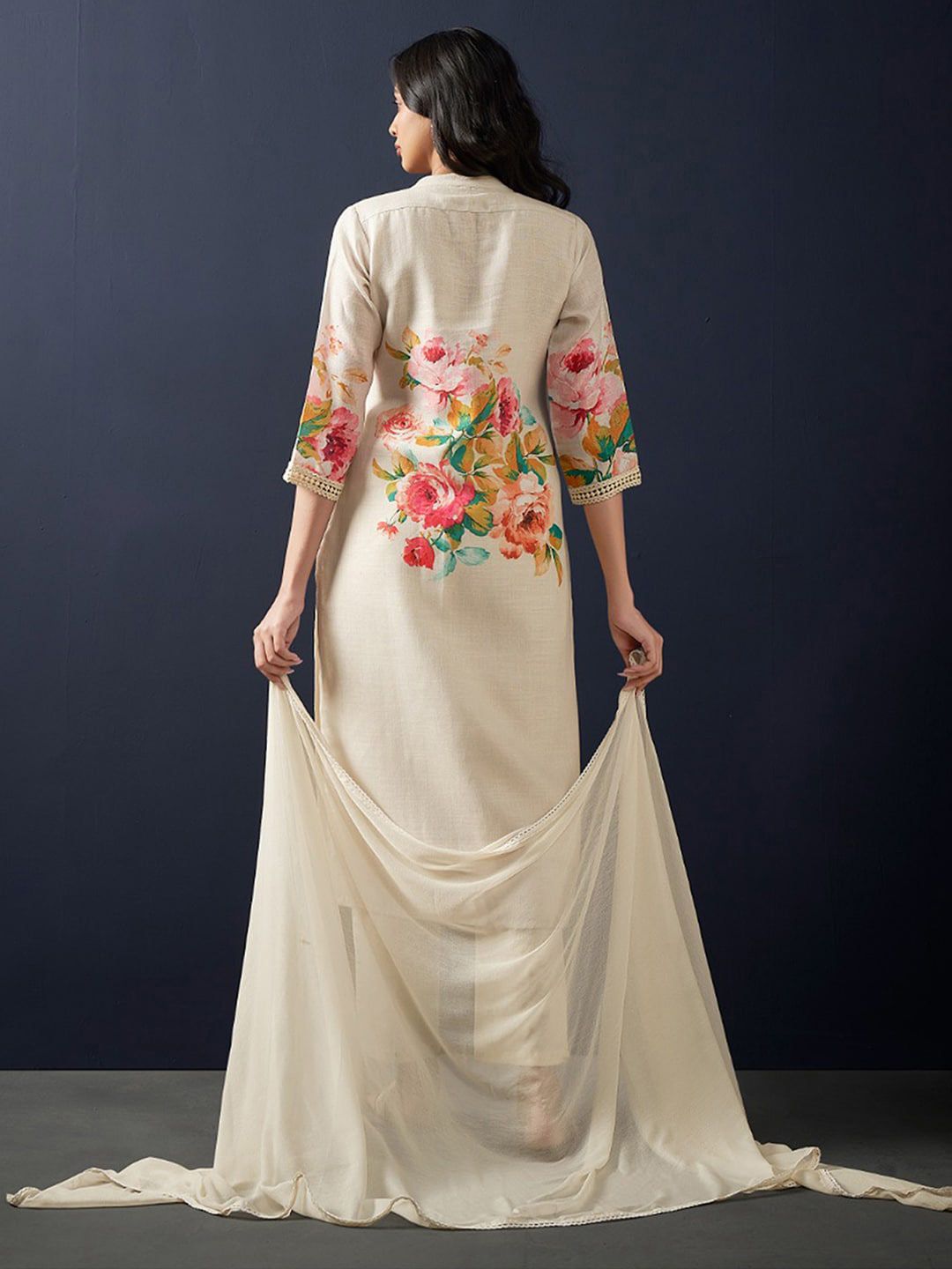 Indo Era Floral Printed Beads and Stones Linen Straight Kurta with Trousers & Dupatta