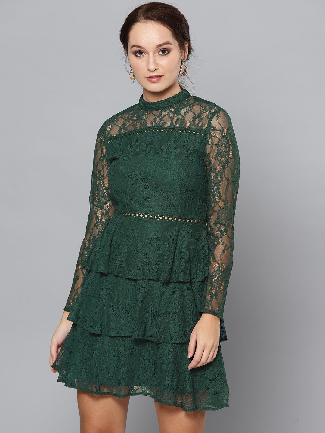 STREET 9 Women Teal Green Lace Layered A-Line Dress