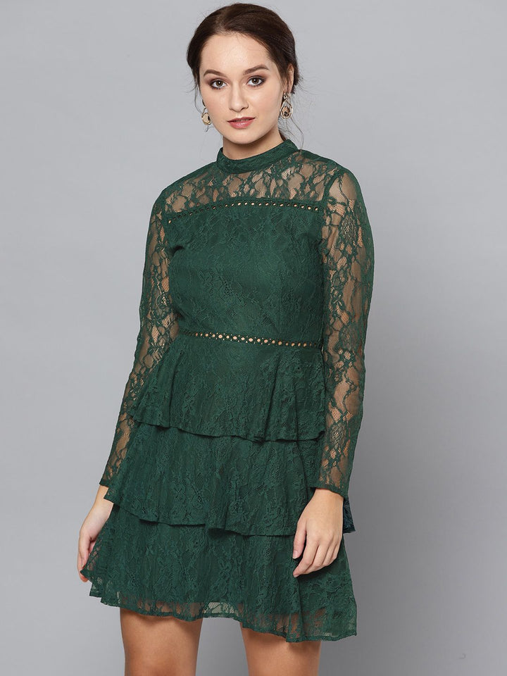 STREET 9 Women Teal Green Lace Layered A-Line Dress