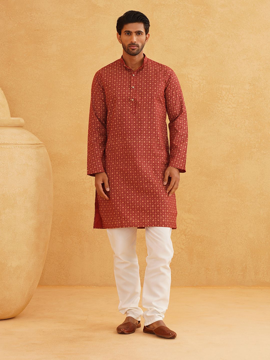 SOJANYA Kolar Jalur Motif Etnik Kurta Linen Kapas Bercetak dengan Piyama