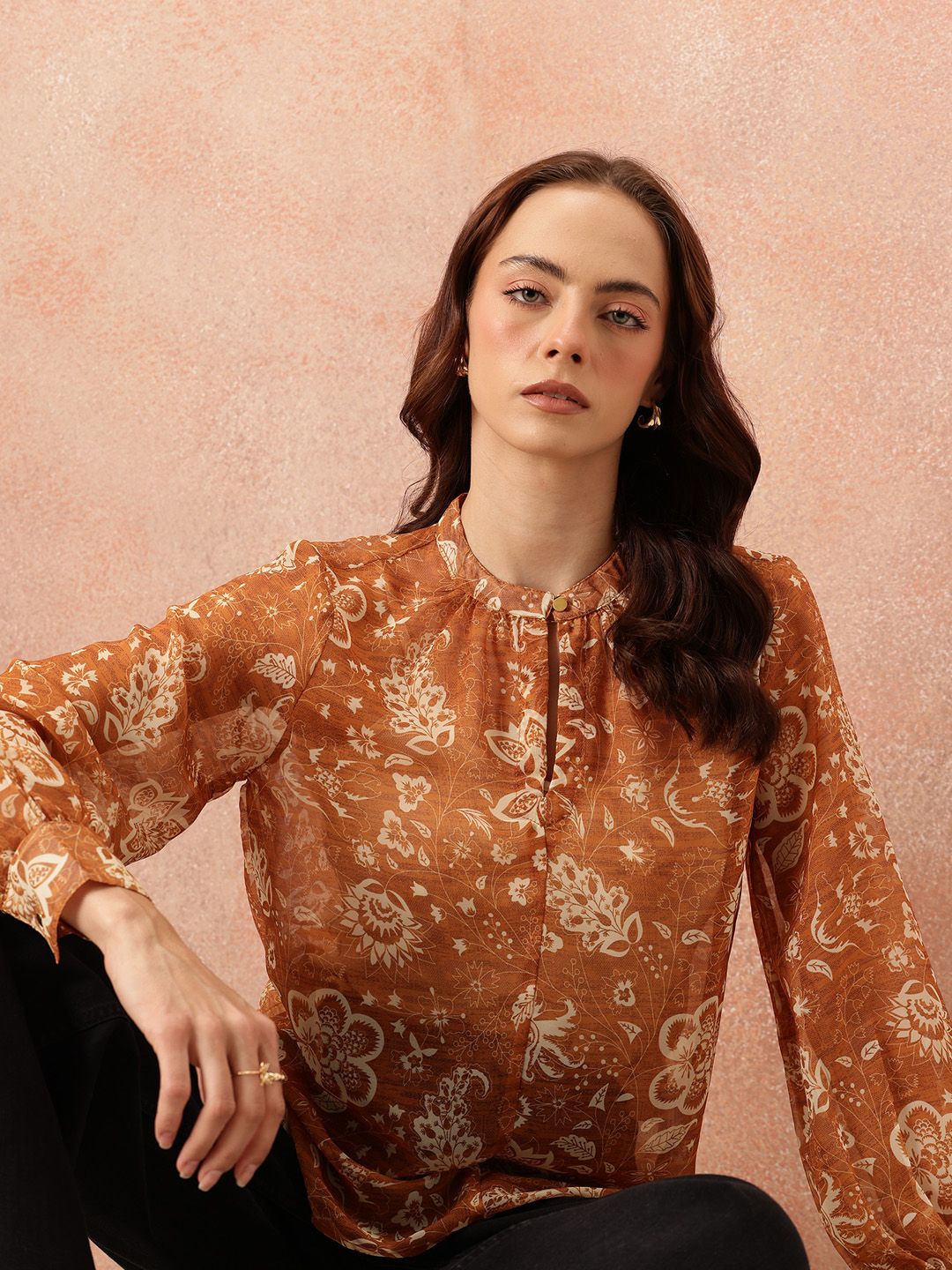 all about you Floral Print Mandarin Collar Chiffon Top
