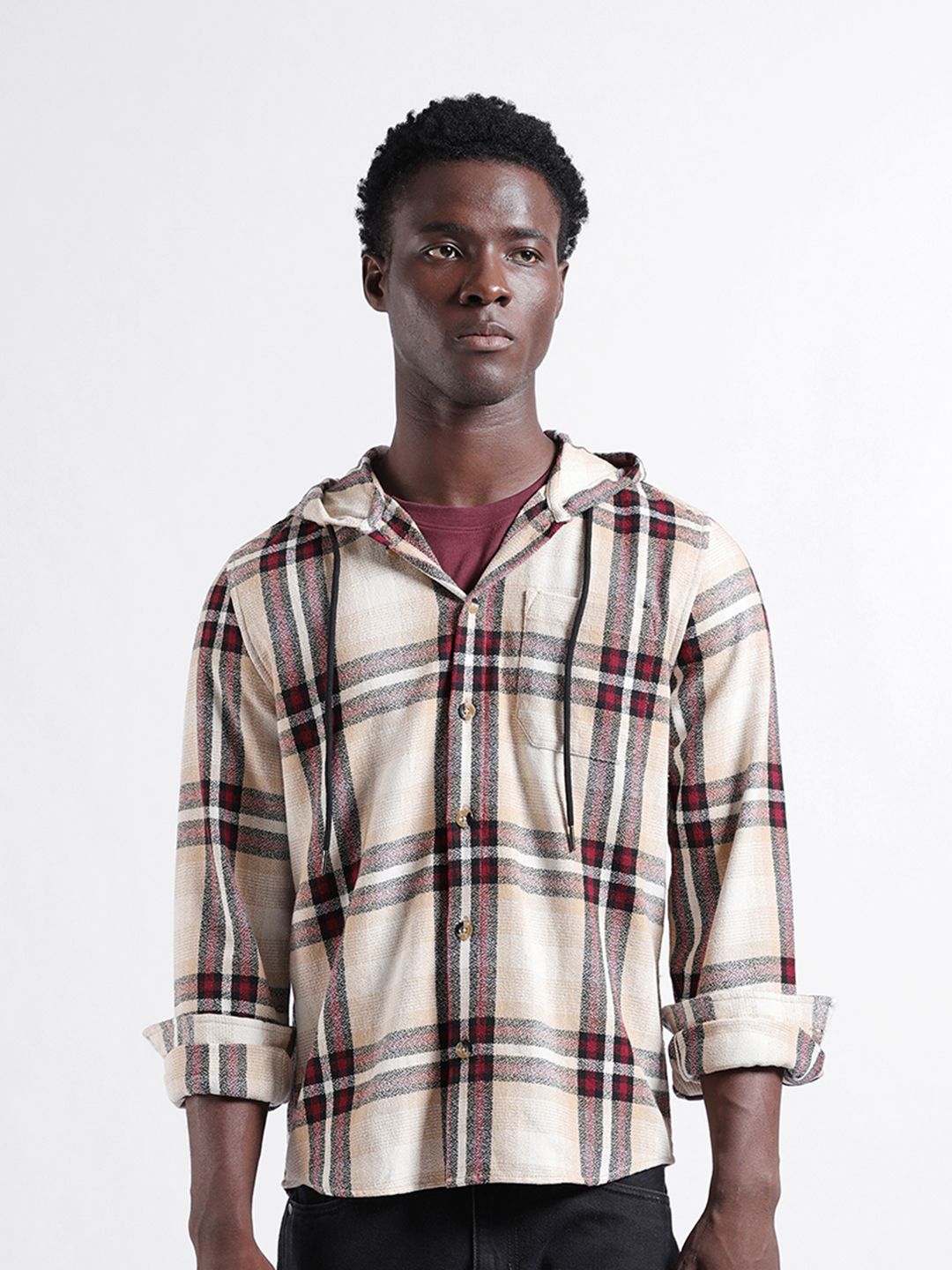 The Indian Garage Co Men Regular Fit Checked Casual Hooded Overshirt